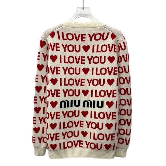 Miu Miu Heart Letter Embroidered Full-Print Cashmere V-Neck Knit Cardigan - Picture 2 of 8